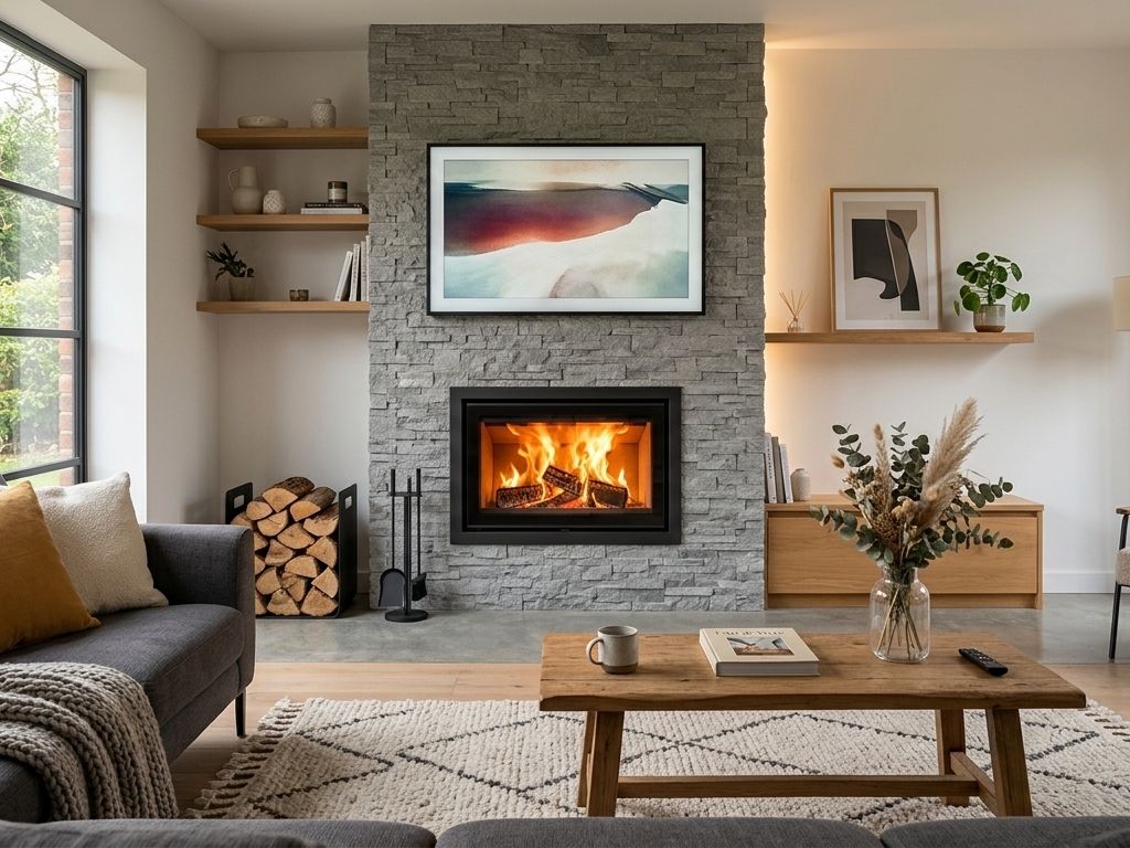 Foto de un insertable de chimenea encendido situado en un salón moderno