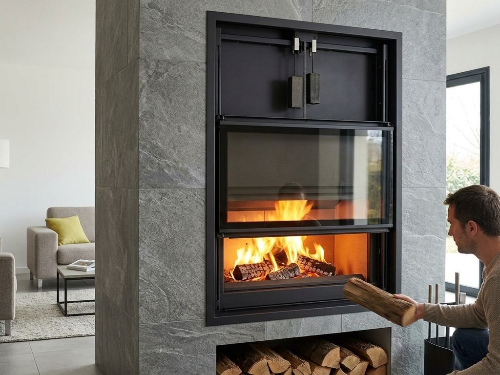 Una persona colocando un leño en una chimenea empotrada con puerta de guillotina